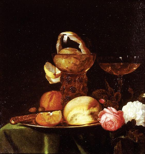 Still Life with Fruit and Roses a.k.a. Still-Life with a Peeled Lemon in a Roemer., simon luttichuys